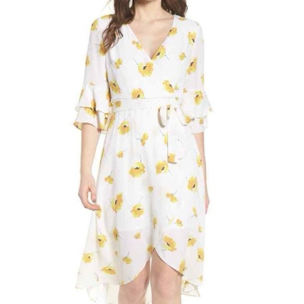 Chelsea28 Floral White/Yellow/Blue Dress with Bell Sleeves